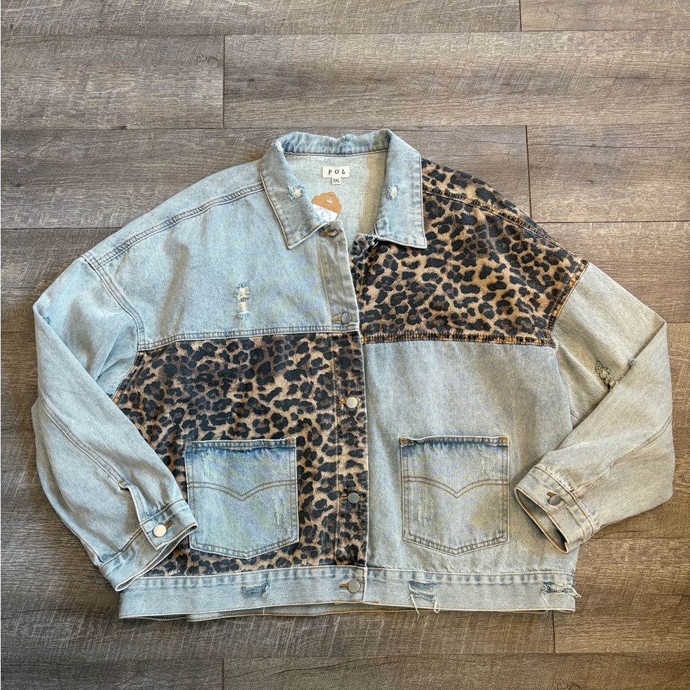 POL Oversized Fit Leopard Print Jean Jacket - Blue and Brown | Size 3XL